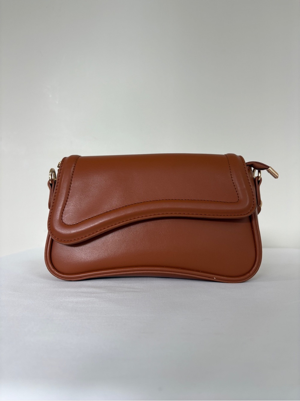 Cognac Brown Structured Shoulder Bag Curved Flap Gold Hardware